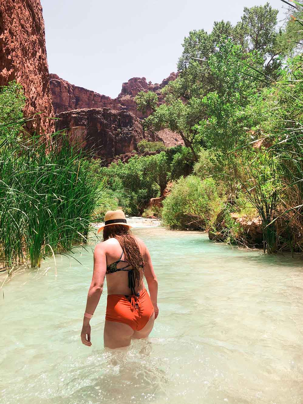 Ali is walking almost hip deep in a clear river in Havasupai in the Grand Canyon in Northern Arizona. Her back is facing the camera. She is wearing a straw hat, her long brown hair is covering most of her back, and you can see her orange high waisted swim bottoms. In the background you can see the orange cliff walls, green trees, grasses, and bushes, and a hint of the teal blue water Havasupai is famous for.