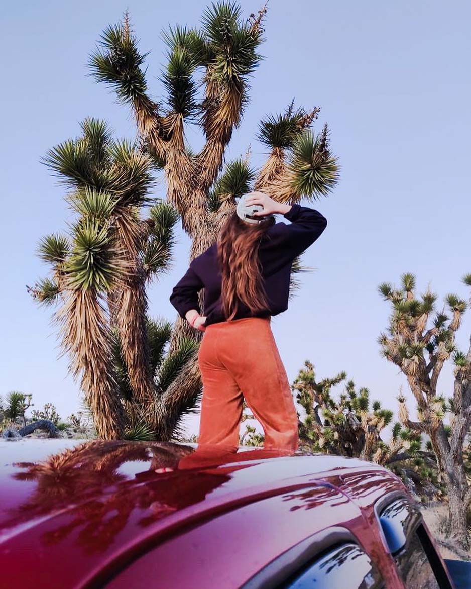 Ali is standing in the bed of a red Toyota Tacoma. She is facing away from the camera, with one hand on her hat and one hand on her hip. In the background, you can see the sky and a bunch of big, gnarly Joshua trees.