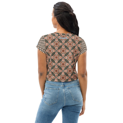 Flower Power—Sunset—Flower Child Tile + Dark Teal + Blush Checkerboard Cropped Tee