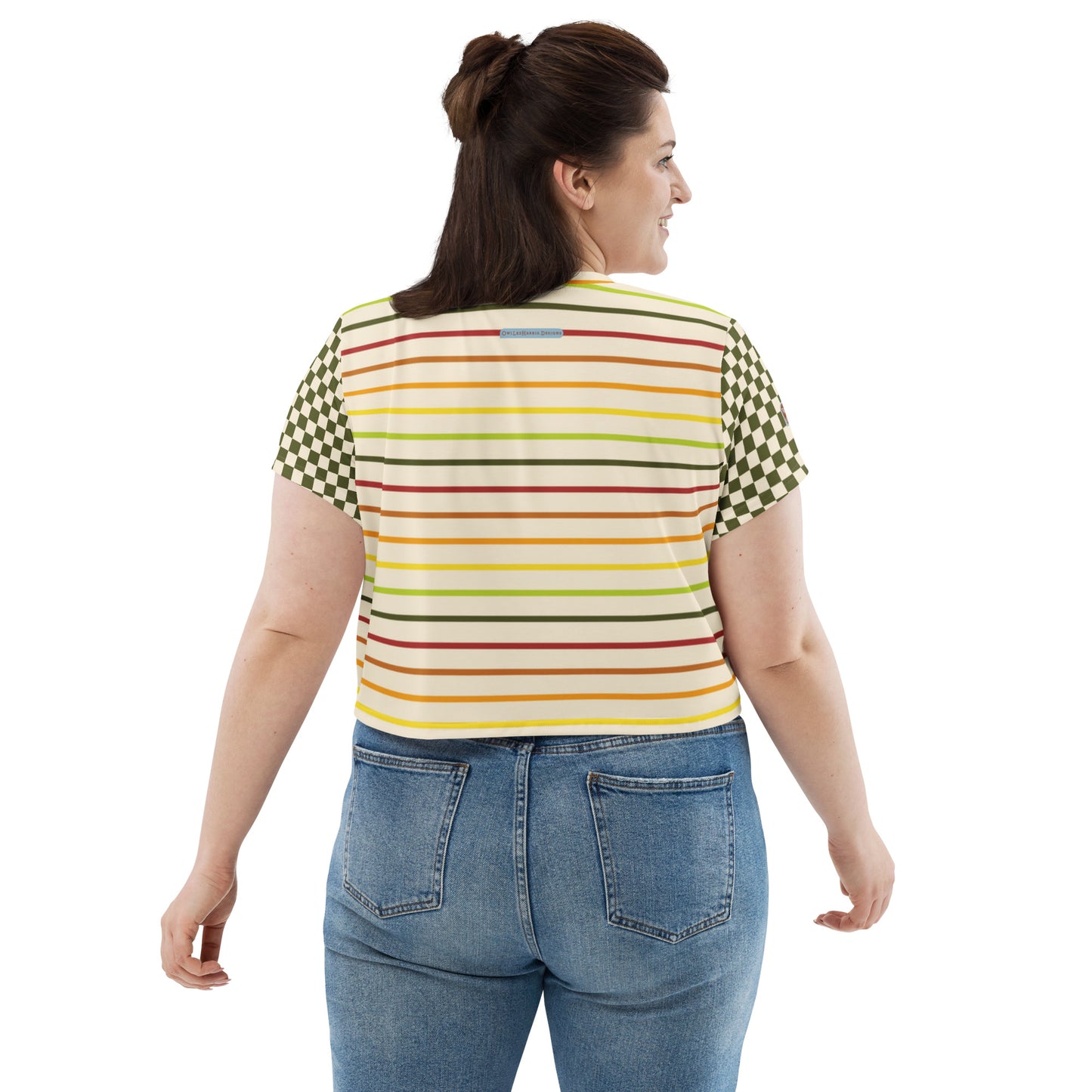 Flower Power—Daylight—Rainbow Multi Stripe+ Green + Cream Checkerboard Cropped Tee