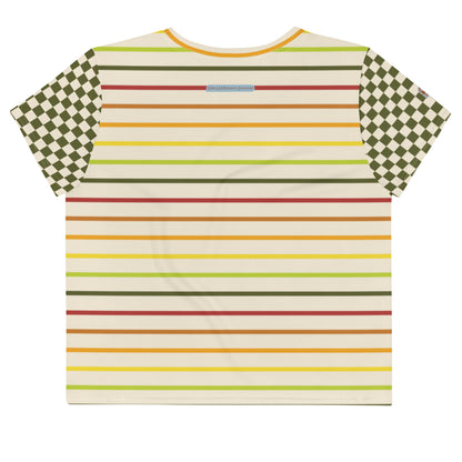 Flower Power—Daylight—Rainbow Multi Stripe+ Green + Cream Checkerboard Cropped Tee