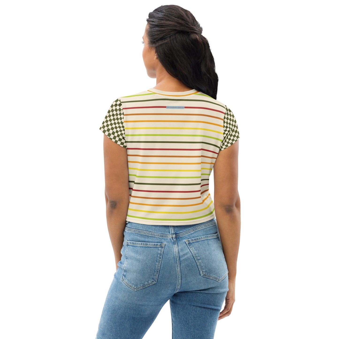 Flower Power—Daylight—Rainbow Multi Stripe+ Green + Cream Checkerboard Cropped Tee