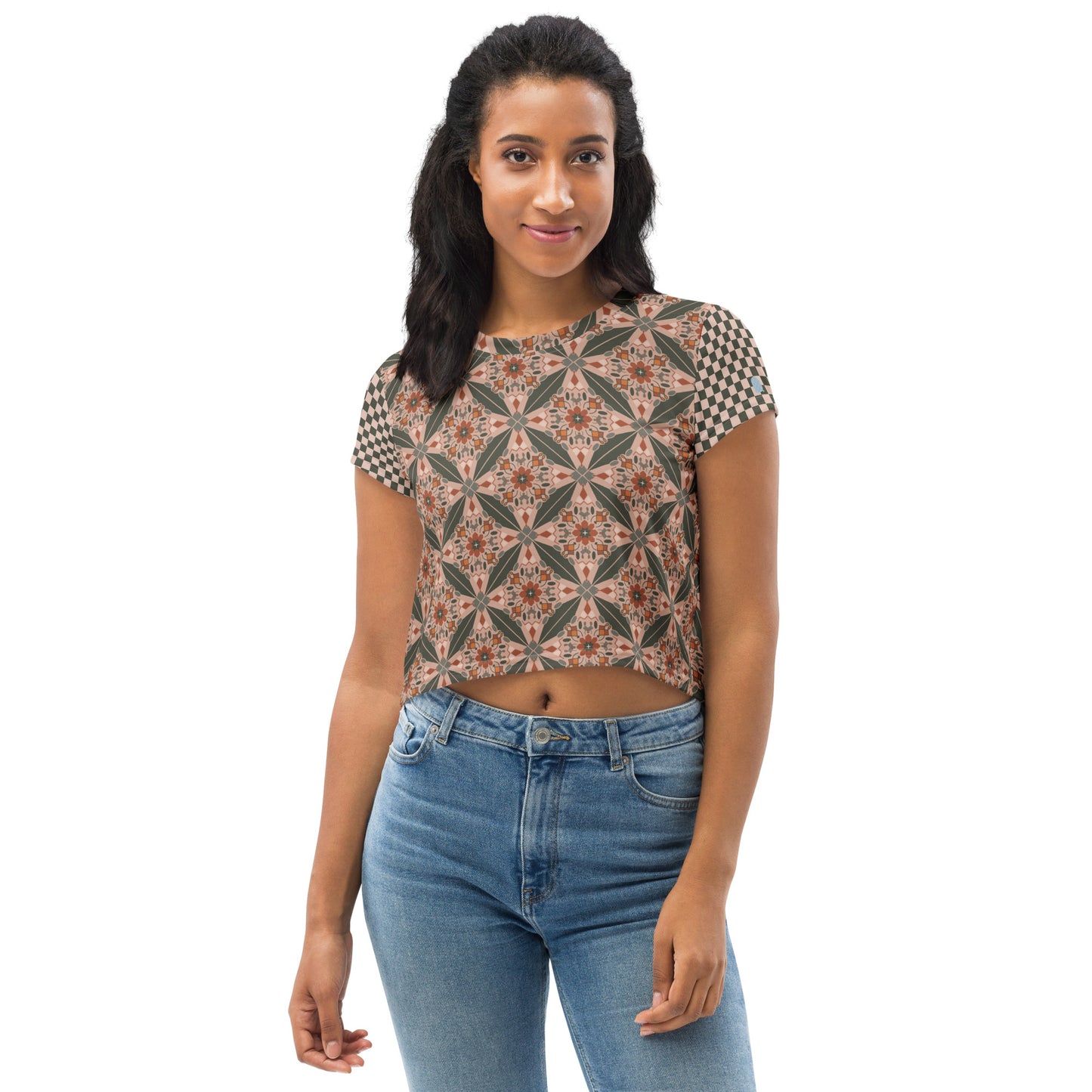 Flower Power—Sunset—Flower Child Tile + Dark Teal + Blush Checkerboard Cropped Tee