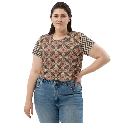 Flower Power—Sunset—Flower Child Tile + Dark Teal + Blush Checkerboard Cropped Tee