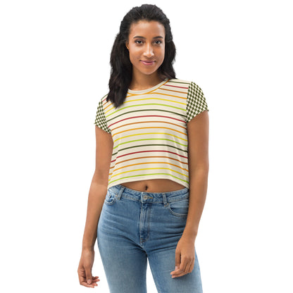 Flower Power—Daylight—Rainbow Multi Stripe+ Green + Cream Checkerboard Cropped Tee