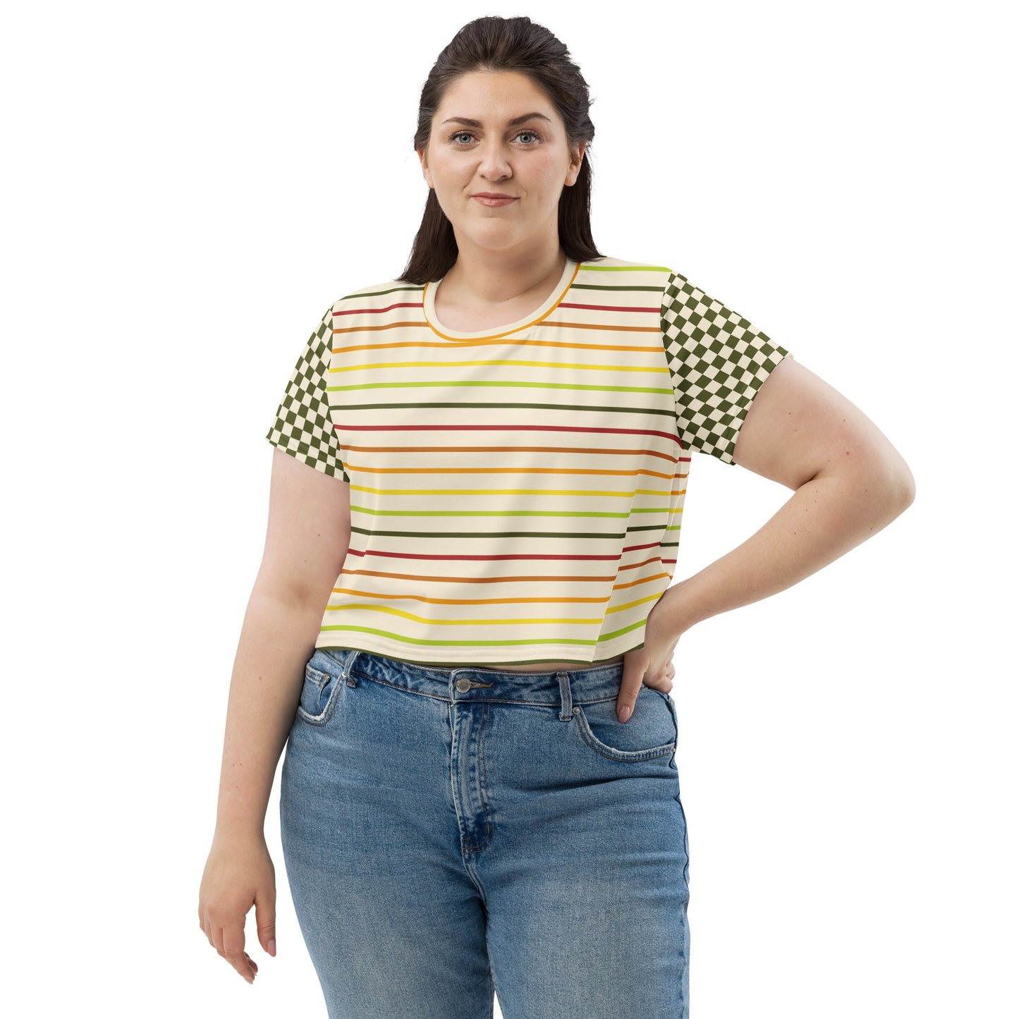 Flower Power—Daylight—Rainbow Multi Stripe+ Green + Cream Checkerboard Cropped Tee