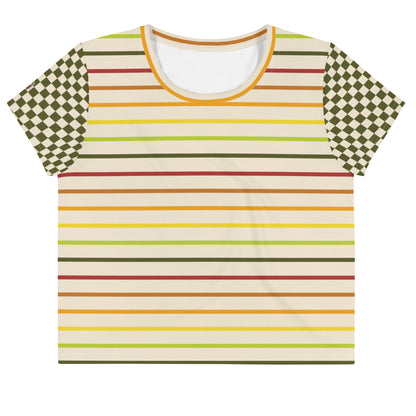 Flower Power—Daylight—Rainbow Multi Stripe+ Green + Cream Checkerboard Cropped Tee