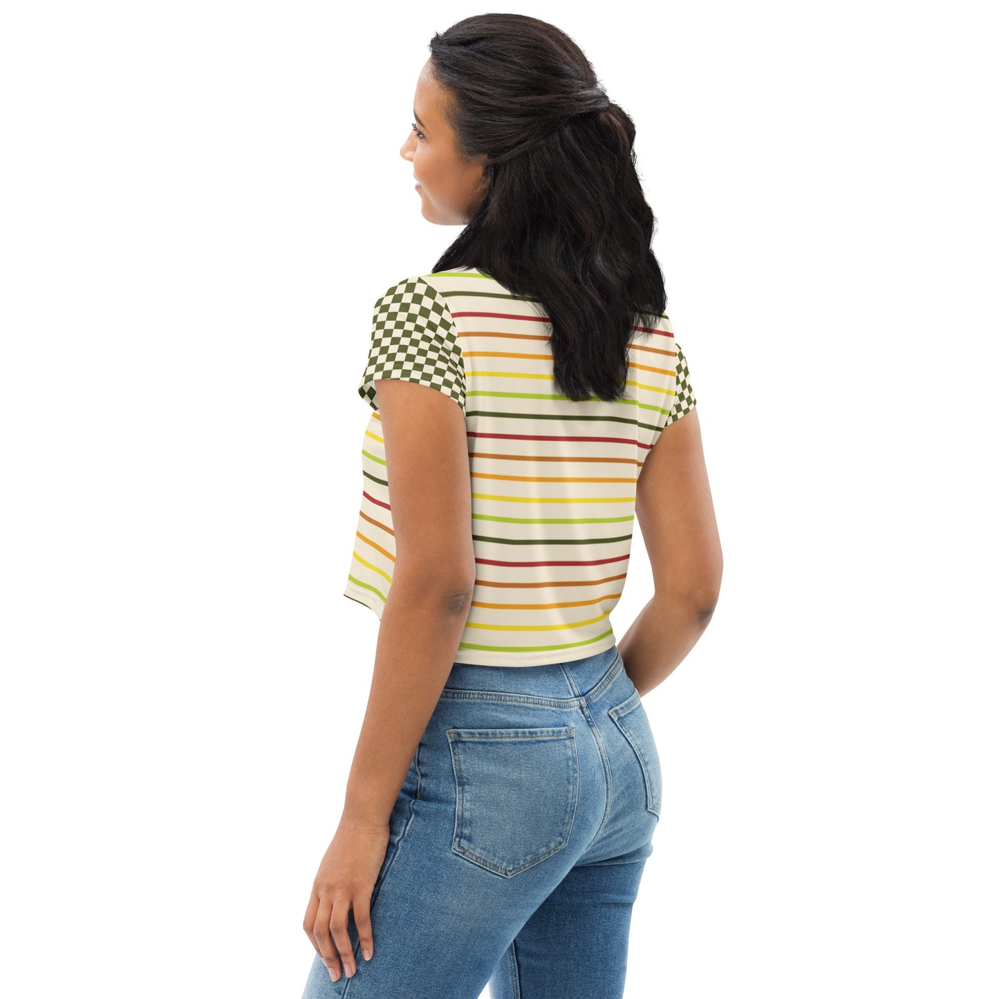 Flower Power—Daylight—Rainbow Multi Stripe+ Green + Cream Checkerboard Cropped Tee