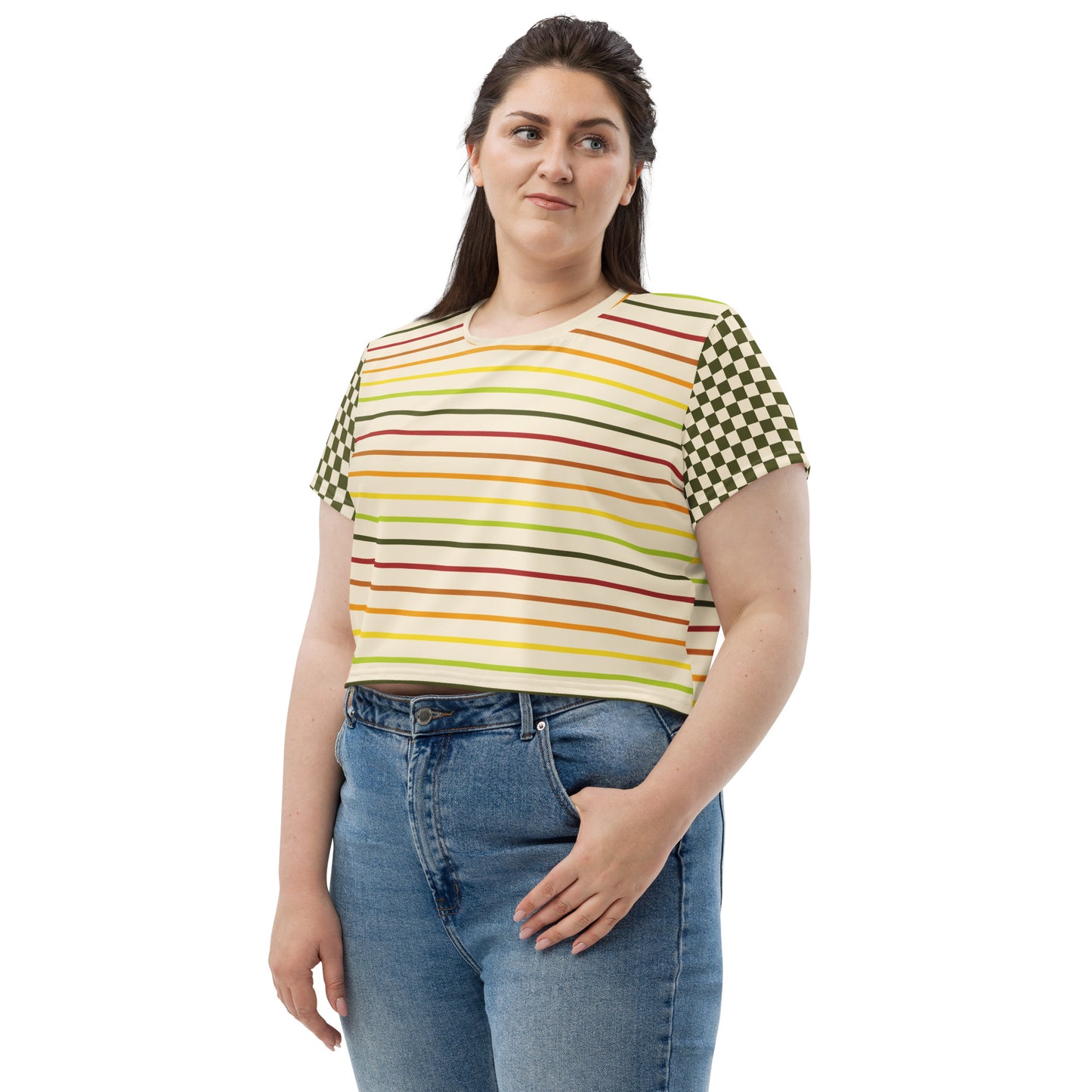 Flower Power—Daylight—Rainbow Multi Stripe+ Green + Cream Checkerboard Cropped Tee