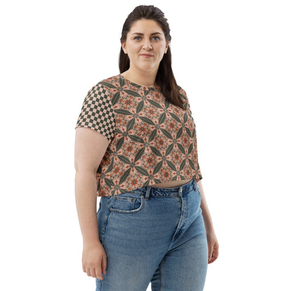 Flower Power—Sunset—Flower Child Tile + Dark Teal + Blush Checkerboard Cropped Tee