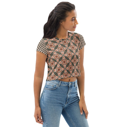 Flower Power—Sunset—Flower Child Tile + Dark Teal + Blush Checkerboard Cropped Tee