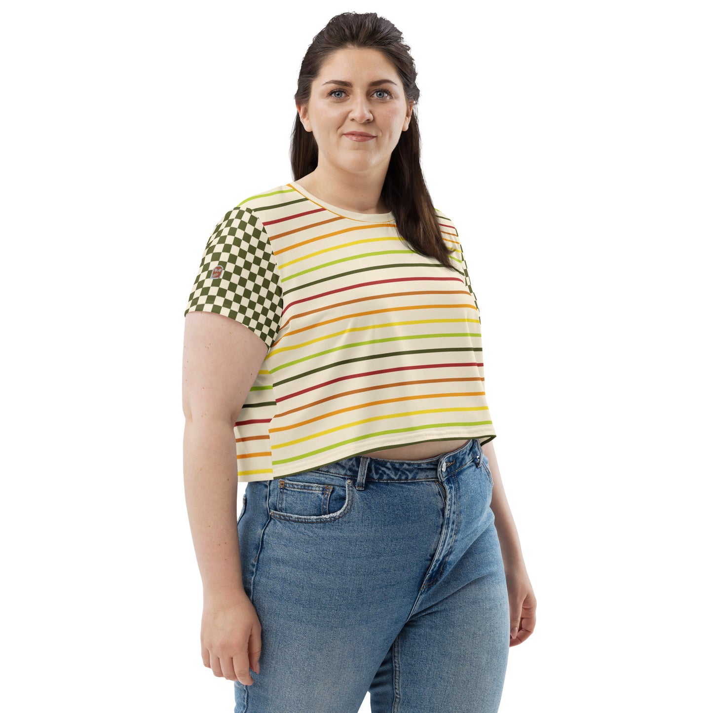 Flower Power—Daylight—Rainbow Multi Stripe+ Green + Cream Checkerboard Cropped Tee