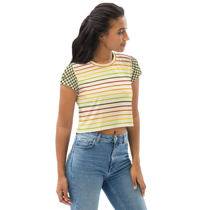 Flower Power—Daylight—Rainbow Multi Stripe+ Green + Cream Checkerboard Cropped Tee