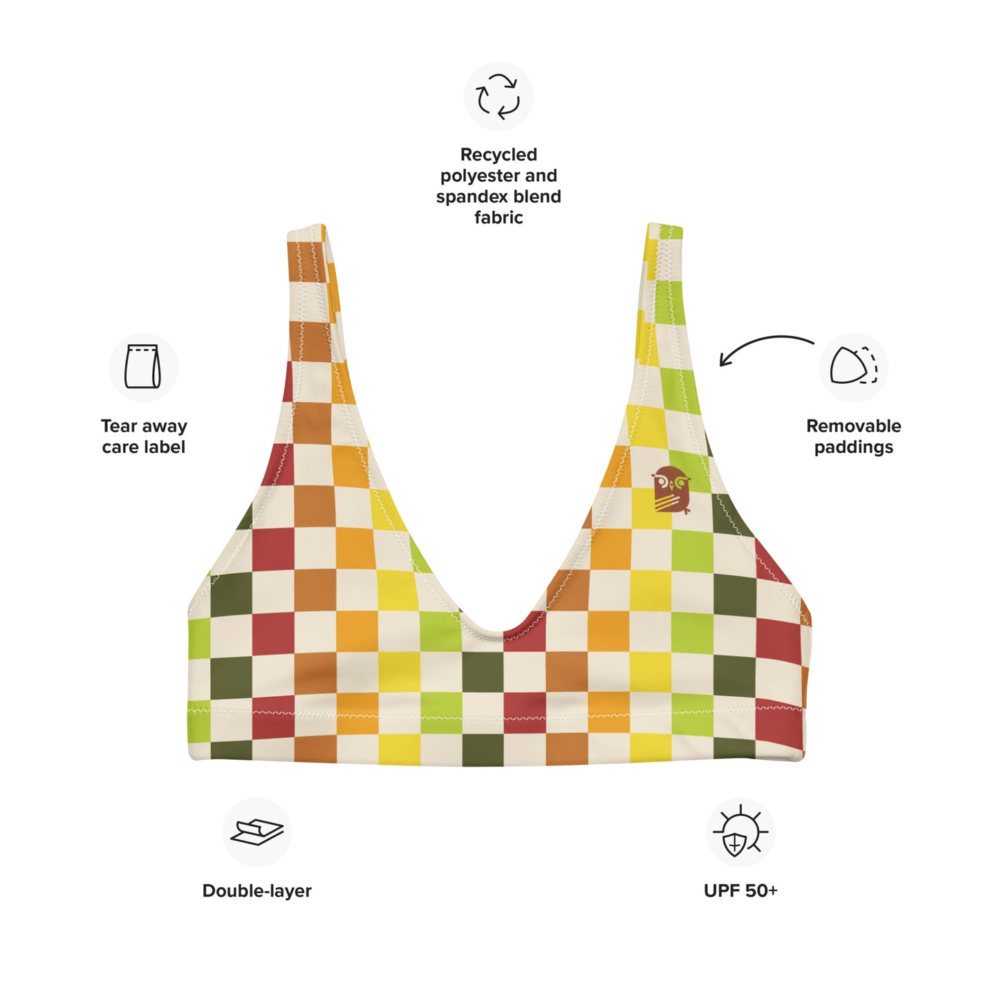 Flower Power—Daylight—Rainbow Checkerboard Bikini Top