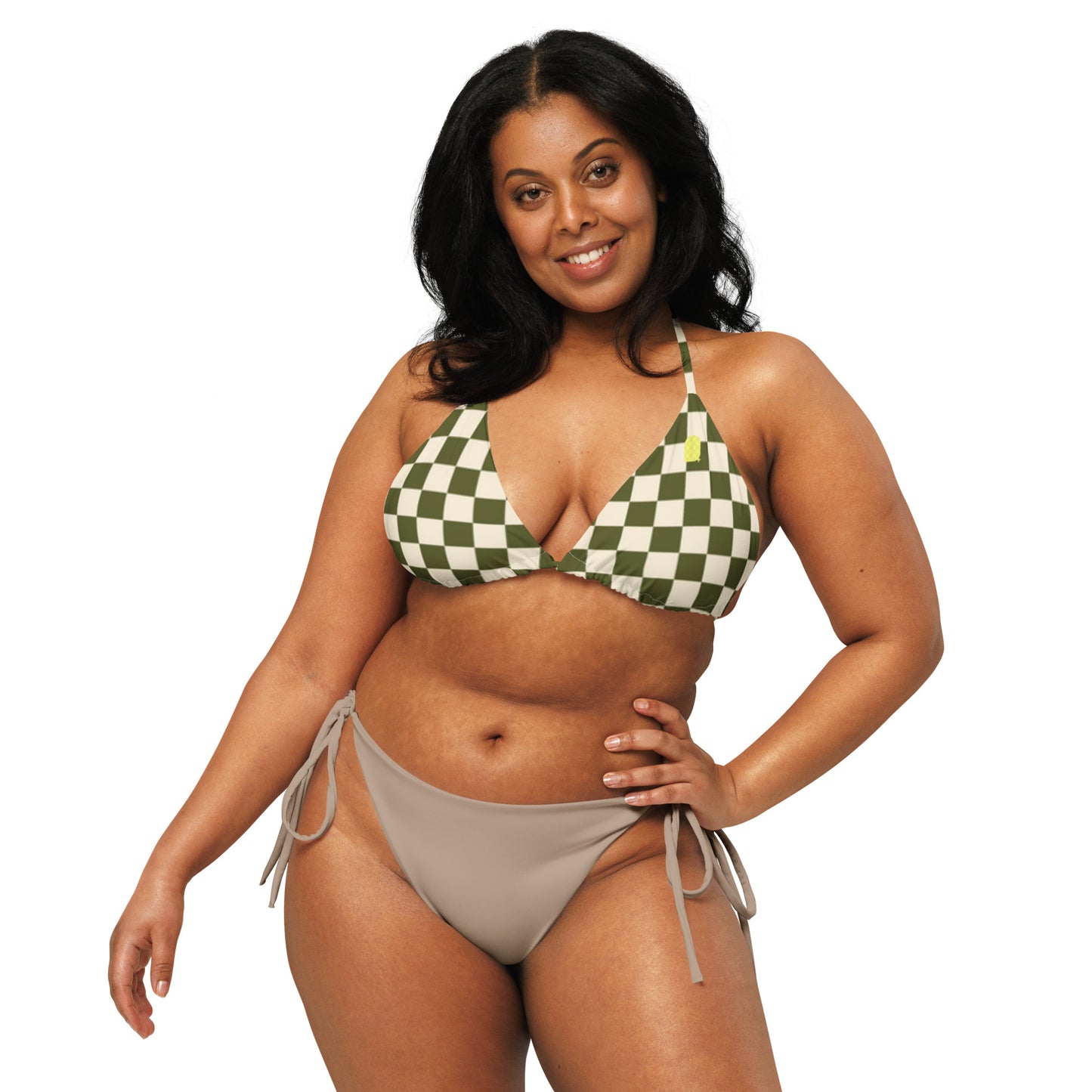 Flower Power—Daylight—Green + Cream Checkerboard String Bikini Top