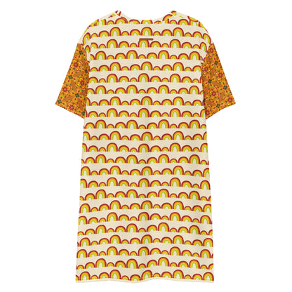 Flower Power—Daylight—Rainbow Stripe + Flower Child Tile T-shirt dress