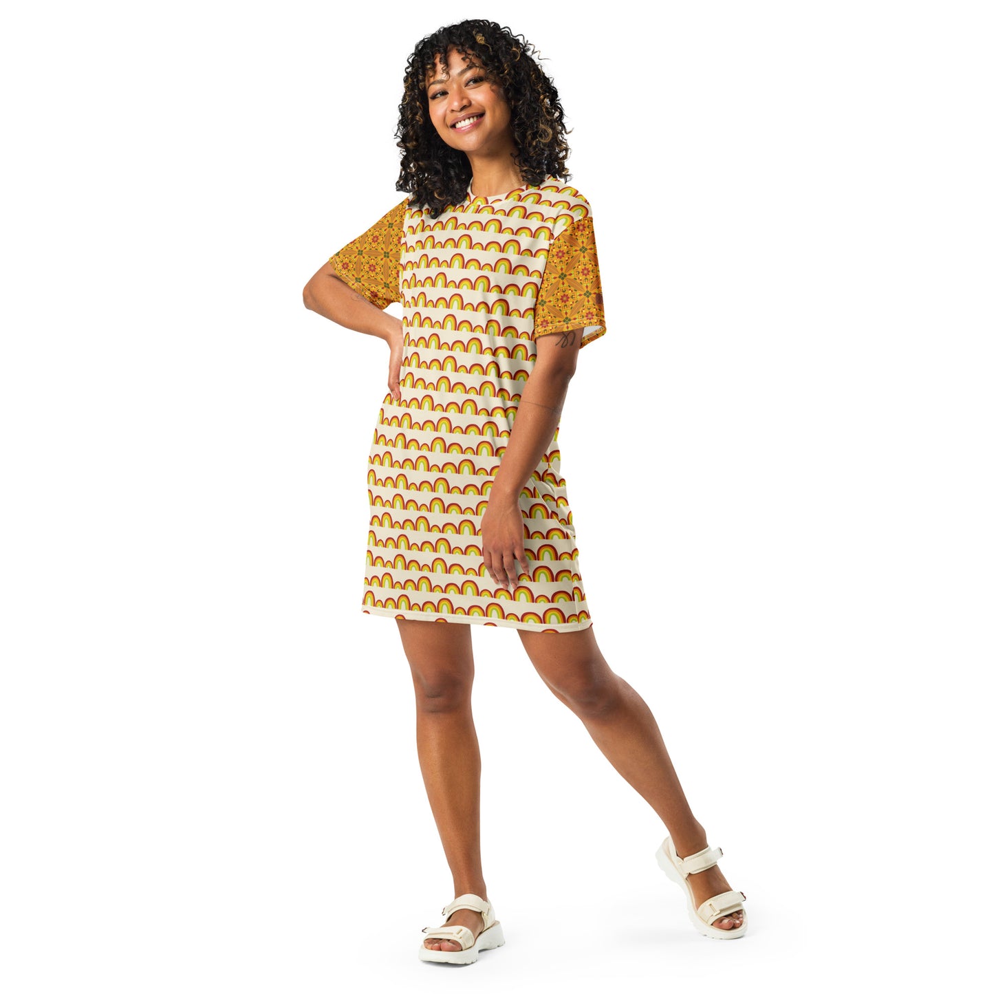 Flower Power—Daylight—Rainbow Stripe + Flower Child Tile T-shirt dress