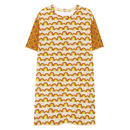 Flower Power—Daylight—Rainbow Stripe + Flower Child Tile T-shirt dress