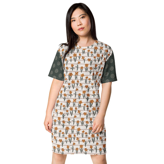 Spring Notions—Daffodil Field Stripes + Rain Puddle Ripples—T-shirt dress