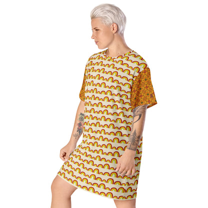 Flower Power—Daylight—Rainbow Stripe + Flower Child Tile T-shirt dress