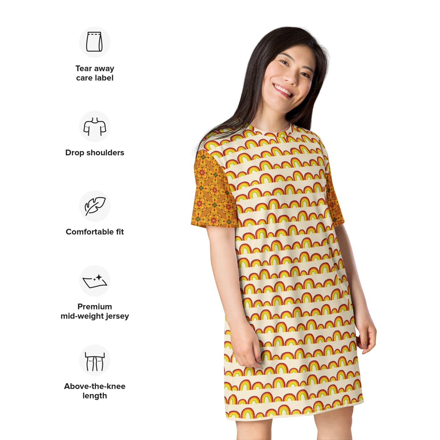 Flower Power—Daylight—Rainbow Stripe + Flower Child Tile T-shirt dress